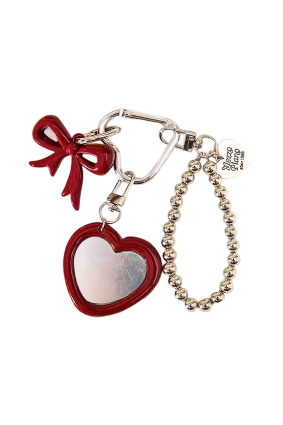 Portable Heart Shaped Mirror Key Holder Bowknot Pendant Keyring For Women Girls