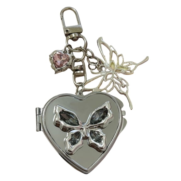 Portable Heart Shaped Mirror Key Holder Bowknot Pendant Keyring For Women Girls