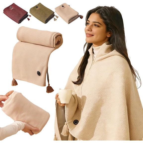 Portable Heated Blanket Shaw, 60"×32" USB Winter Keep Warm Shawls with 3 Heating Levels, 15s Fast Heating, Portable Heated Blanket Shawl Wrap with Zipper for Neck & Shoulder (Apricot)