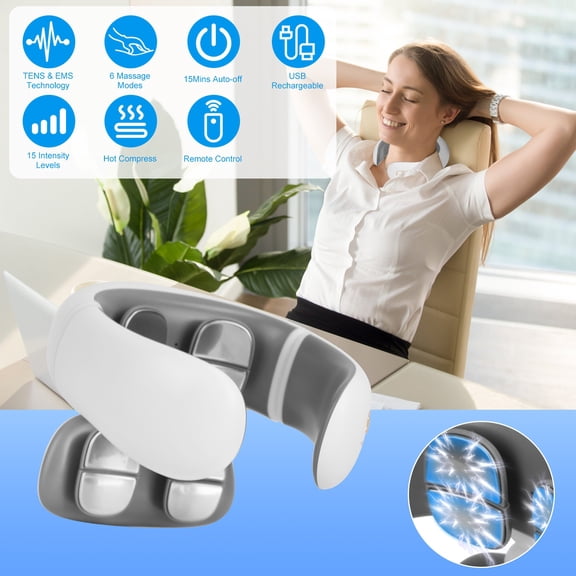 Portable Heated Neck Massager with Remote Control, TENS EMS Technology 8 Massage Heads, 15 Mins Auto Off , 6 Modes 20 Intensities, USB Rechargeable