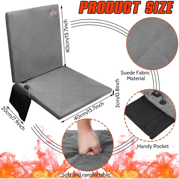 Portable Heated Seat Cushion Warm Stadium Seats Camping Outdoor with Back Support and 3 Level Winter Heated Seat Cover for Outdoors, No Power Bank(15.7 Inch,Grey)