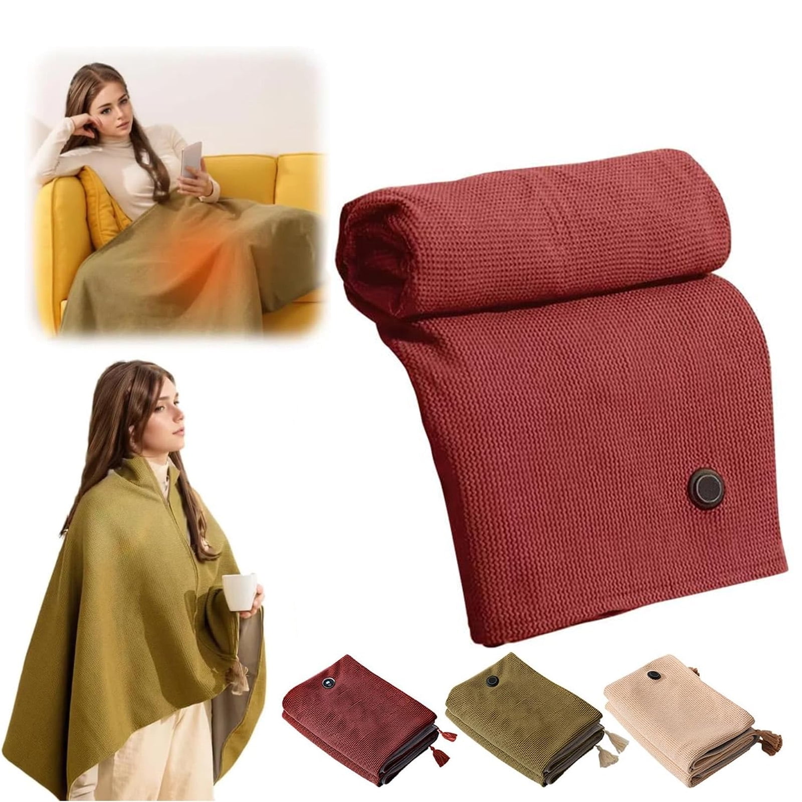 USB Heated Shawl Wrap For Women - Portable, 3 Heat Settings, Zipper Blanket