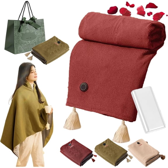 Portable Heated Shawl, Portable Electric Body Warming Cloud Cloak Blanket, 3 Heating Levels Portable Soft Zipper Electric Heated Blanket Shawl, Heated Shawl Wraps for Women (C+Power Bank)