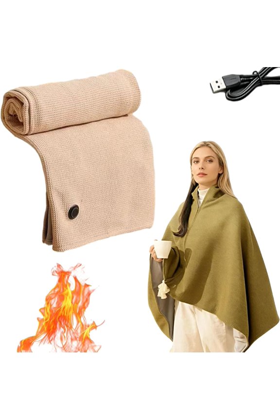 Portable Heated Shawl, Portable Heated Shawl Cordless, Soft Fast Heating Three Temp Settings, USB Electric Heating Blanket 60×31 Inch (Apricot)