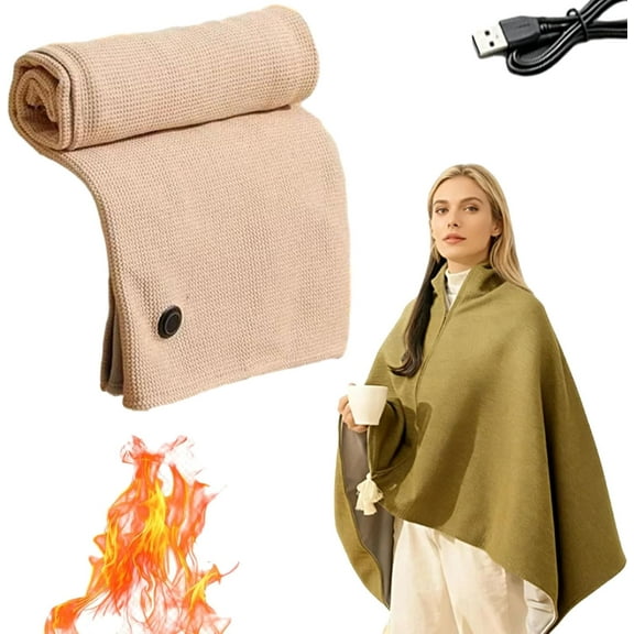 Portable Heated Shawl, Portable Heated Shawl Cordless, Soft Fast Heating Three Temp Settings, USB Electric Heating Blanket 60×31 Inch (Apricot)