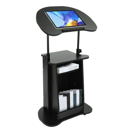 Portable Height Adjustable Podium Stand Rolling Lectern Desk with Storage, Black Mobile Presentation Stand