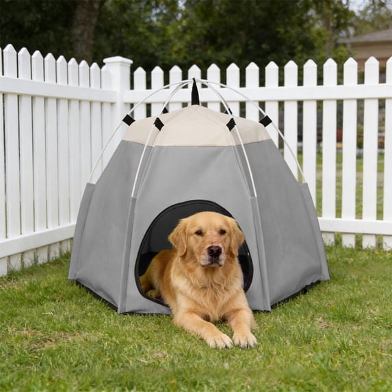 Portable Hexagon Pet Tent Waterproof Foldable Cat Dog House Lightweight Breathable Travel Shelter for Camping Beach Backyard Park Small Pets Gray