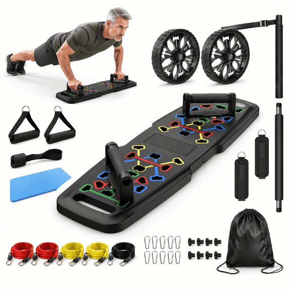 Portable Home Gym Exercise System with Resistance Bands, Ab Roller, and Fitness Accessories, Black