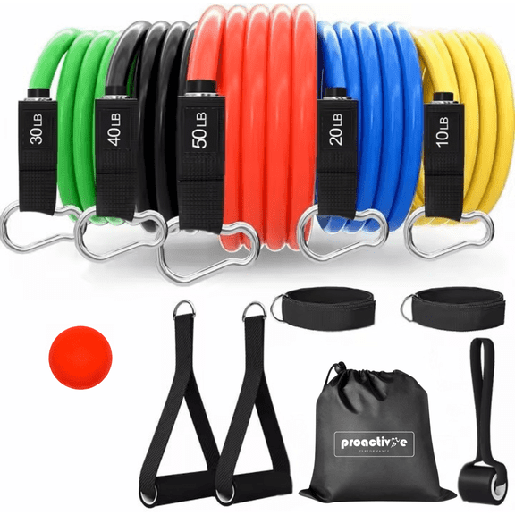 Portable Home Gym System  150lb Resistance Bands with Bar, Handles, Ankle Straps & Massage Ball  All-in-One Full Body Workout Kit for Strength Training, Travel & Home Fitness