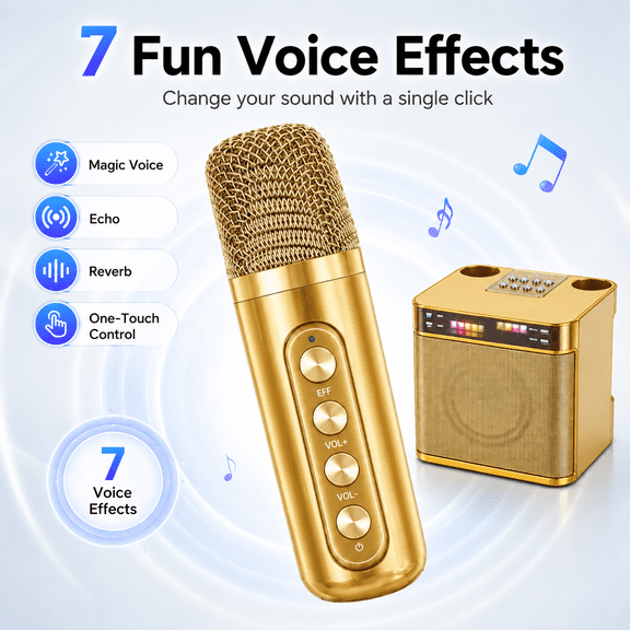 Kuangxiang Portable Karaoke Machine with 2 Microphones and RGB Lights, Gold