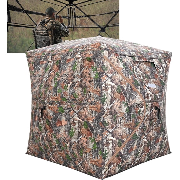 Portable Hunting Blind 270° See Through with Carrying Bag, 2-3 Person Pop Up Ground Blinds with Silent Zipper Door & Sliding Windows, Resilience Hunting Tent for Deer & Turkey Hunting