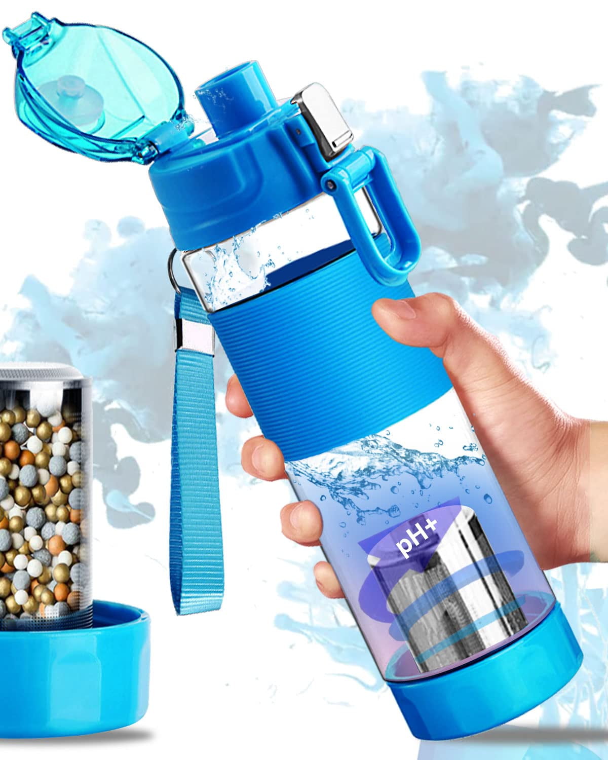 Portable Hydrogen Water Bottle Generator, 22 oz Filtered Water Bottle, Reduced ORP Ph Water Filter Alkaline 9.5 for Sports, Camping, Home, Office, Travel, Everyday Drinking (Blue)