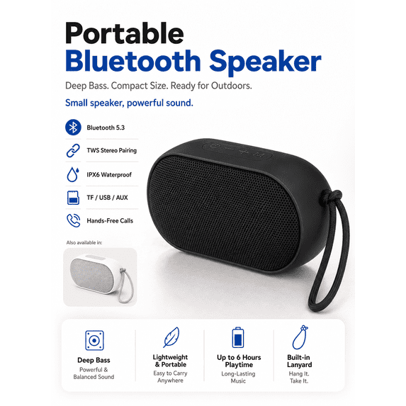 Portable IPX6 Waterproof Bluetooth Speaker, 5.3 Wireless Mini Outdoor Speaker with TWS Stereo, TF Card/AUX/USB Playback, Hands-Free Call, 1000mAh Rechargeable Small Speaker for Camping Beach Travel