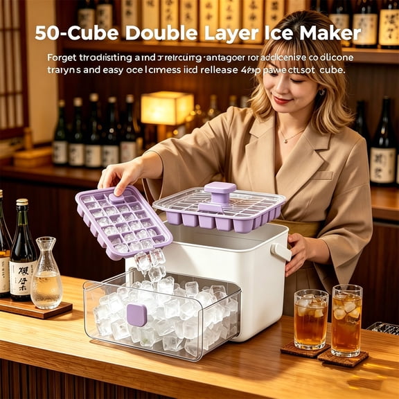 Portable Ice Cube Maker 50 Cube Double Layer Ice Tray Set With Storage Bin Insulated Bag Press Release Ice Mold System Home Party Whiskey Ice Maker Kit(purple white)