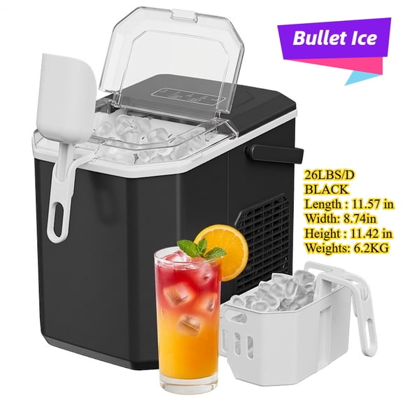 Portable Ice Machine with Carry Handle, 26 Lbs/Day Output, Self-Cleaning & One-Button Control, 9 Cubes in 6 Mins for Home Outdoor Party