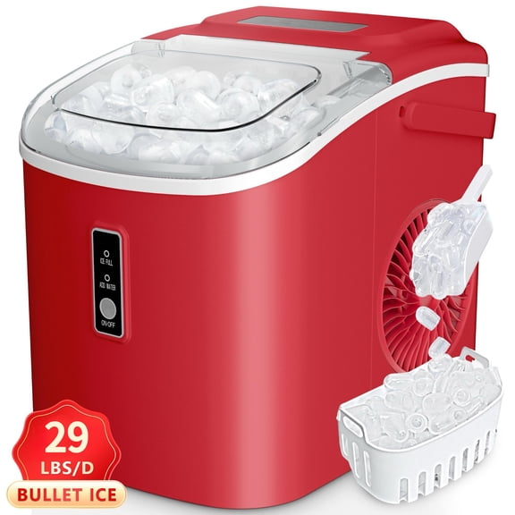 Portable Ice Maker Countertop, 8 Cubes Ready in 6 Mins, 2 Ice Size Options (S/L)，26/29 lbs in 24 Hours Self-Cleaning Ice Maker Machine with Basket and Scoop for Home/Kitchen/Camping/RV
