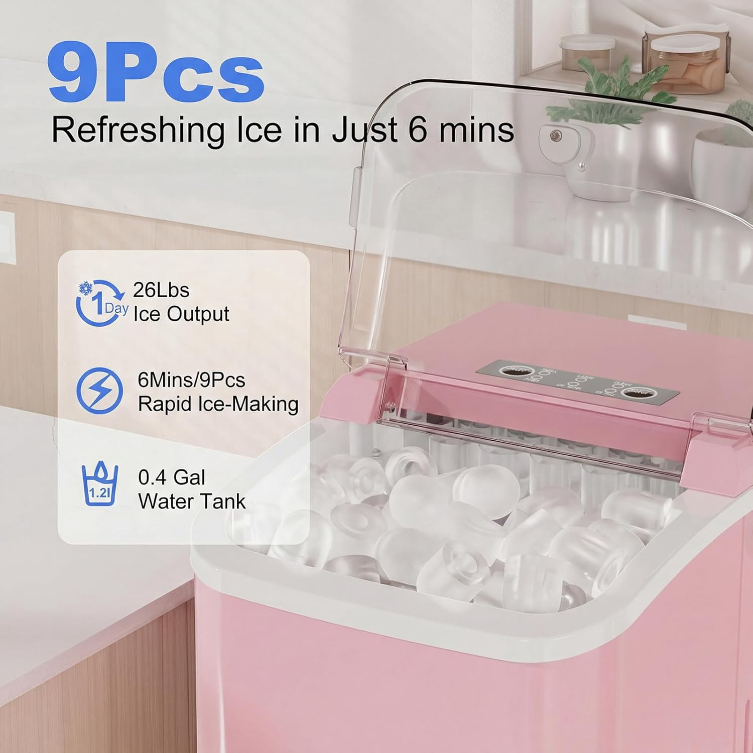 Portable Ice Maker Countertop, 9 Bullet Ice Cubes in 6 Mins, 26lbs/Day, Self-Cleaning, 1.5L Tank, Pink