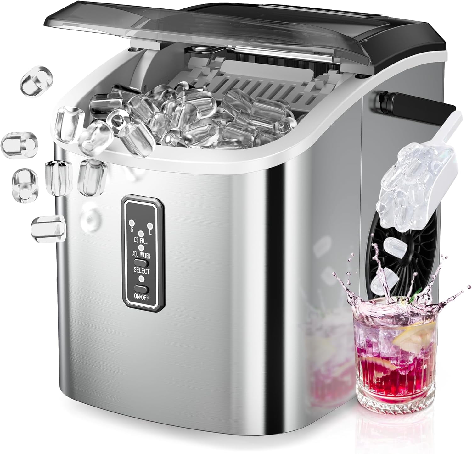 Portable Ice Maker Countertop with Self-Cleaning, 9 Cubes in 6 Mins, 26lbs/24H Capacity, Includes Basket and Scoop for Home and Office