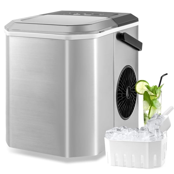 Portable Ice Maker Machine, Self Cleaning Function, 9 Cubes in 6-13 Mins, 26.5Lbs Daily, 2 Ice Sizes for Drinks Cocktails, Compact for Home Office RV, Silver