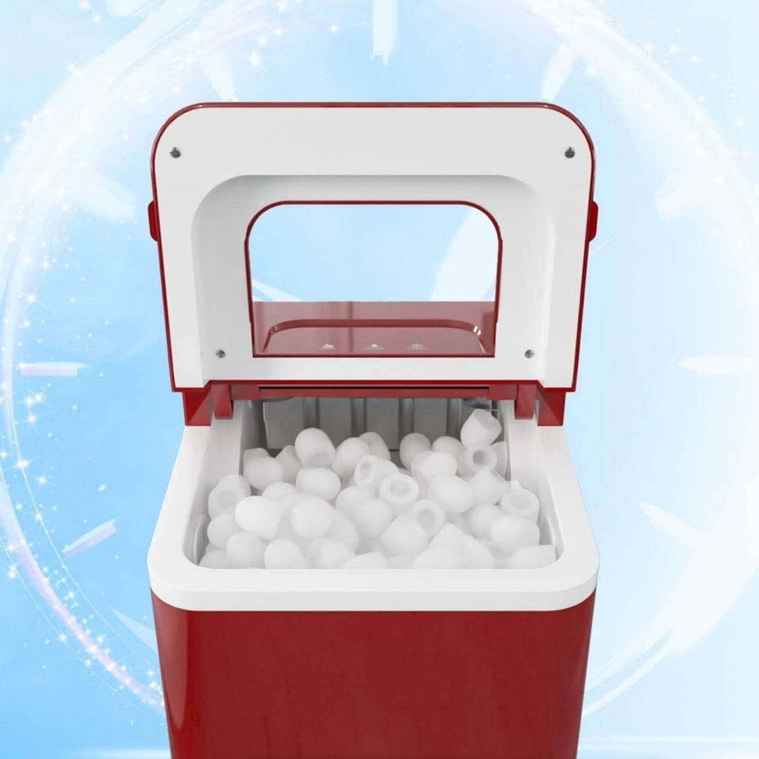 Portable Ice Maker Machine for Countertop, Ready in 8 Mins, 26LBS/24H, Electric Ice Maker with Scoop and Basket for Home, Office, Party, Bar (Red)