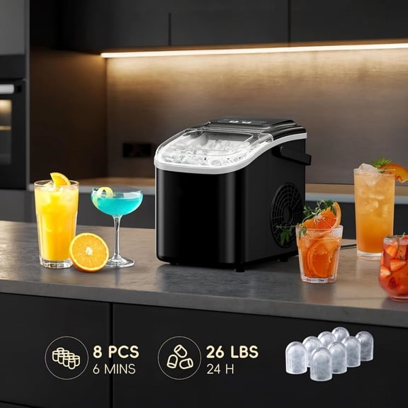 Portable Ice Makers Countertop, 8 Cubes in 6 Mins, 26lbs/Day, Bullet Ice Maker Machine with 2 Ice Sizes, Self-Cleaning Ice Maker with Carry Handle for Home/Kitchen/Party/Travel