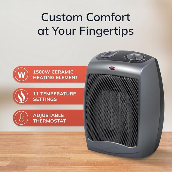 Portable Indoor Electric Ceramic Space Heater with Tip-Over Safety Switch, Overheat Protection and Thermostat, 2 Speeds, Safe for Home, 9.2 Inches, Dark Gray, 1500W, 754201