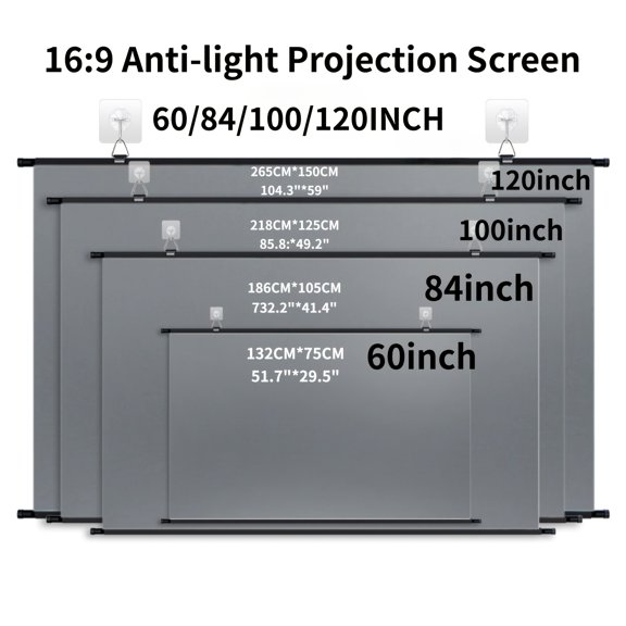Portable Indoor and Outdoor Projection Screen with Adhesive Mounting System, No-Drill Wall Installation, 16:9 HD Format with Anti-Light Coating, Available in Multiple Sizes