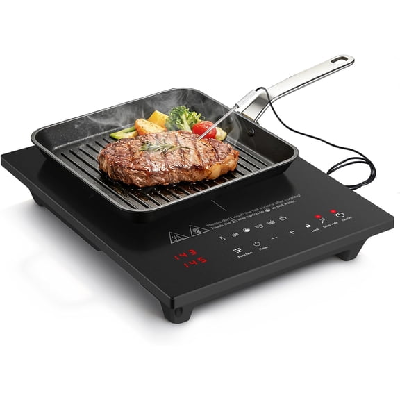 Portable-Induction-Cooktop: 74 Temperature Levels Induction Burner with Digital Probe, 1800W Countertop 20 Power Levels, 6.5" Heating Coil, Low Noise Electric Cooktops Timer