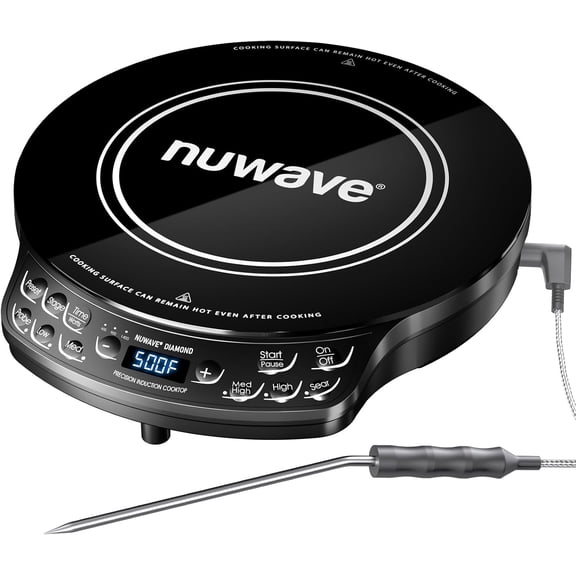 Portable Induction Cooktop with Temperature Probe, 91 Settings from 100 F to 500 F, 12 Inch Shatter-Proof Ceramic Glass, Black Bestseling