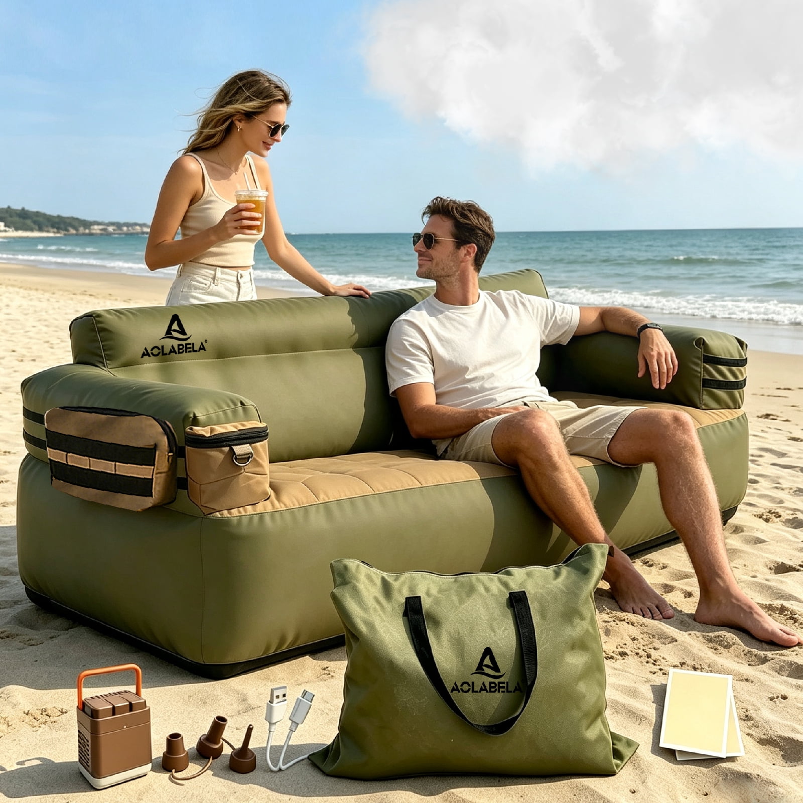 Portable Inflatable Sofa with Built-in Pump, Quilted Air Couch for ...