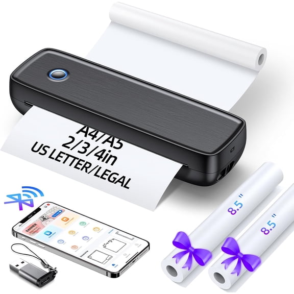 Portable Inkless Printer, Wireless Bluetooth Thermal Printer with 4200mAh Battery, Prints A4/A5/US Letter, High Resolution Mini Printer for Travel, Home Office & Mobile Printing|Deep Black