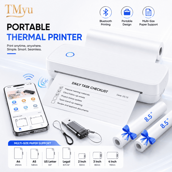 Portable Inkless Thermal Printer, Bluetooth USB, A4 A5 Letter Legal, 4200mAh Battery