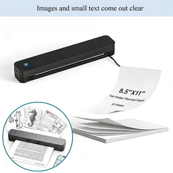 Portable Inkless Thermal Printer – Bluetooth Wireless Travel Printer, Compatible with iOS, Android & Laptop, Supports 8.5x11 US Letter & A4 Thermal Paper, Compact Home Office Printer, Ideal Gift