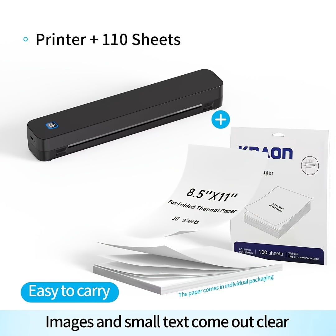 Portable Inkless Travel Thermal Printer+10/110pcs A4 Paper Combo Pack - Compatible With Mobile Phones And Laptops, Supports 8.5X11 Inch Thermal Letter Paper, Suitable For Office, Travel, And Home.