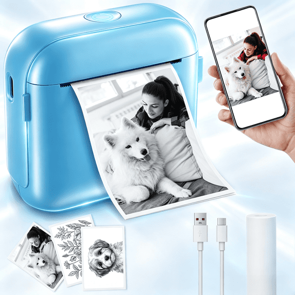 Portable Inkless Wireless Thermal Pocket Printer, iOS/Android Compatible, 1 Roll Adhesive Paper. Prints labels, photos, notes, memos, worksheets, great holiday gifts