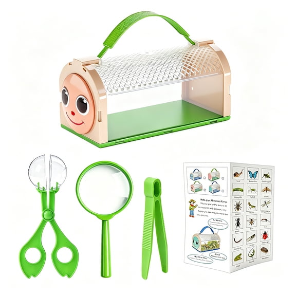 Portable Insect Observation Box 5 Piece Set, Outdoor Bug Explorer Kit with Magnifier Tweezers and Catching Clip for Nature Discovery Activities (Green)