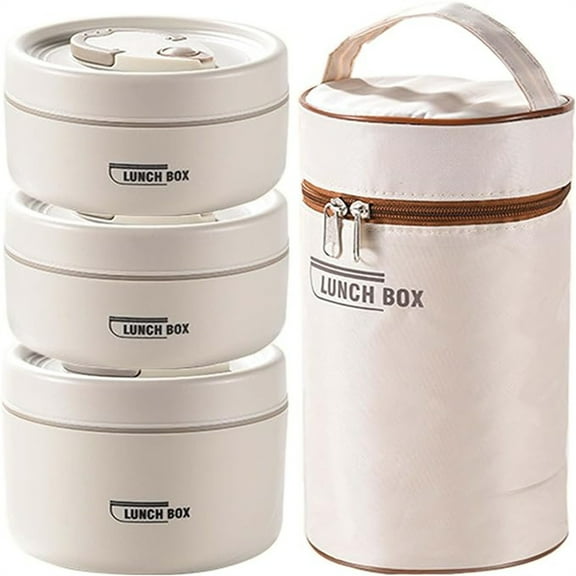 Portable Insulated Food Lunch Container Set, 3 Counts Thermal Lunch Boxes & 1 Count Insulated Bag, 3 Separate Stackable Lunch Container (Beige)