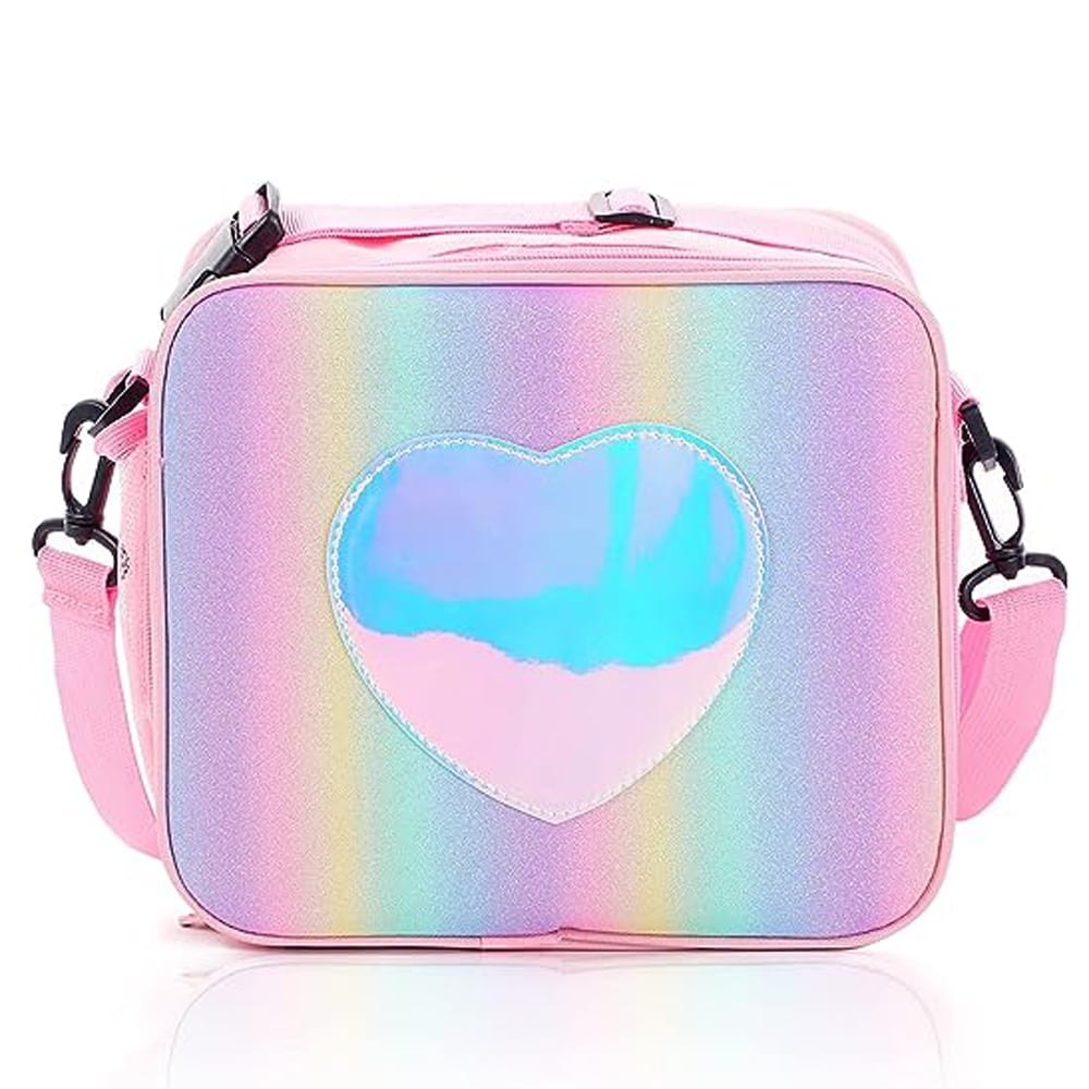 Girls Lunch Bag, Rainbow Glitter Heart Insulated Tote Lunch Bag for Kids,Pink
