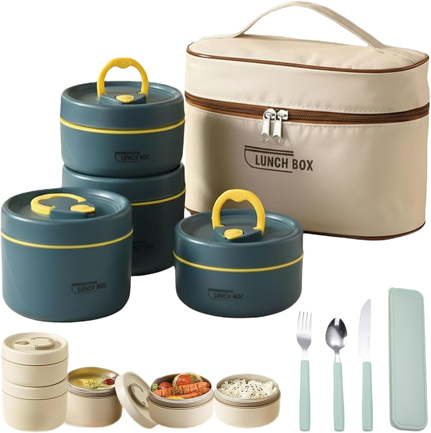 Portable Insulated Lunch Container Set, 2/3/4 Tier Separate Stackable Stainless Steel Lunch Container with Insulated Lunchs Bag, Bento Box Hot Food Lunch Containers to Microwave