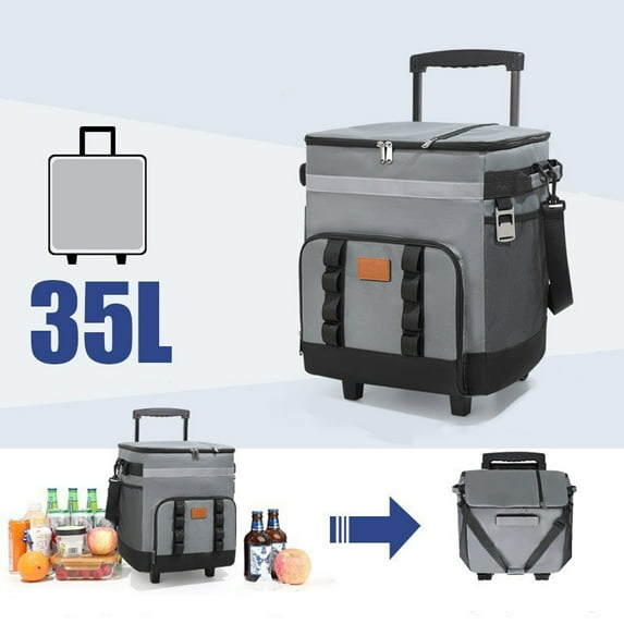 Portable Insulated Rolling Cooler with Telescopic Handle & Wheels | Large 12L Capacity | Dual Compartment Designs | 3-Layer Heat Insulation | Gray Blue Lunch Bag for Picnic,Travel & Work