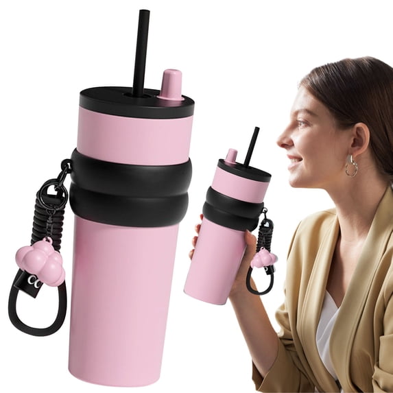 Stainless Steel Insulated Tumbler, Large Capacity Travel Mug with Straw and Lanyard, Double Wall Vacuum Cooler Cup for Car and Outdoor Use