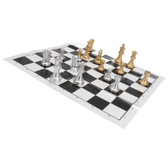 Portable International Chess Set with Plastic Board, Gold & Silver PS Pieces, 32-Piece Tournament Game for Travel & Camping