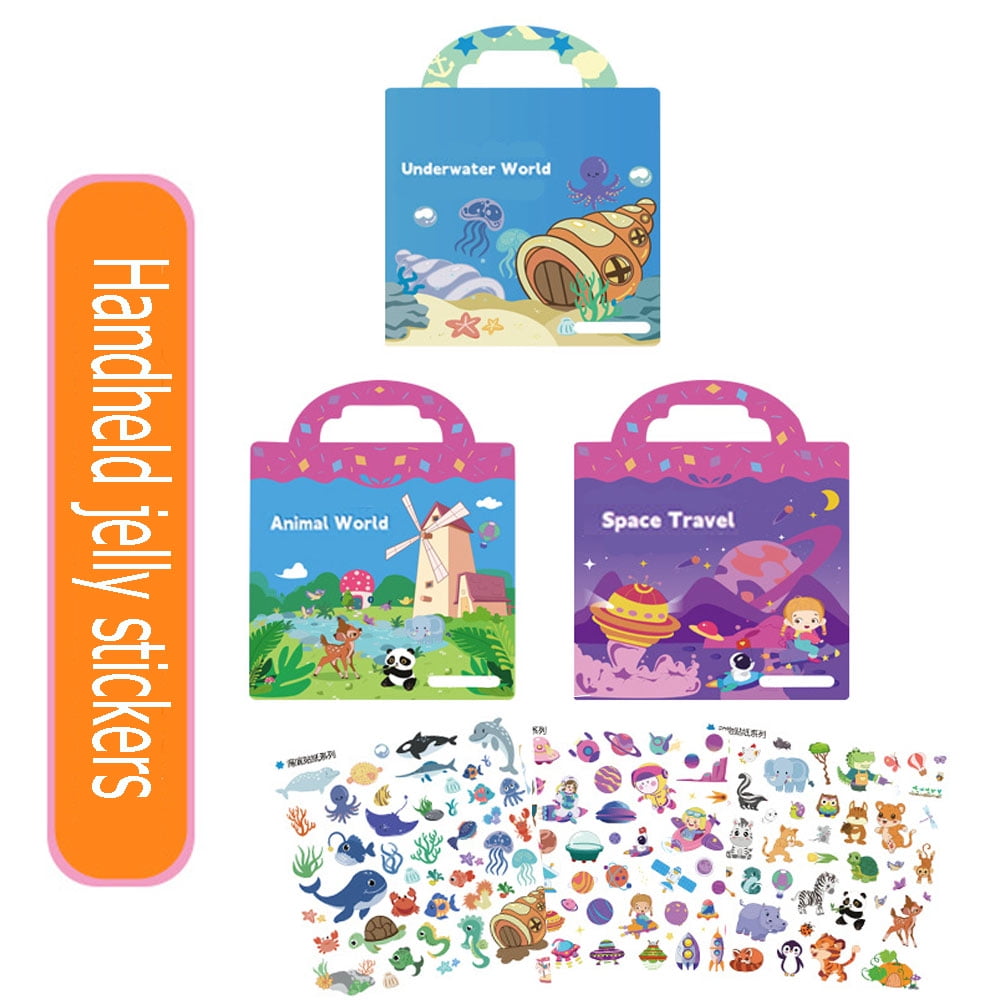 Portable Jelly Stickers Books for Kids 26, Reusable Cartoon Animals Gels Stickers 3 Sets