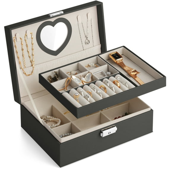 Portable Jewelry Box with Mirror for Women Girls Double Layer Display Storage Organizer Earrings Ring Necklace Watches Bracelets(Black)