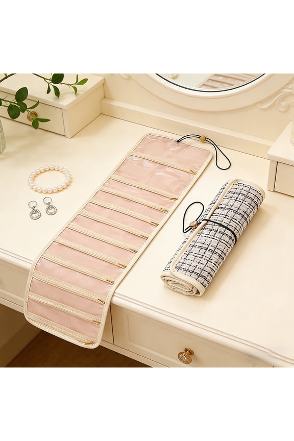 Portable Jewelry Roll Organiser Design,Travel Jewelry Roll, Hanging Roll Foldable Jewelry Organizer Bag for Journey,for Earrings, Necklaces, Rings on Closet, Wall, Door (Black)