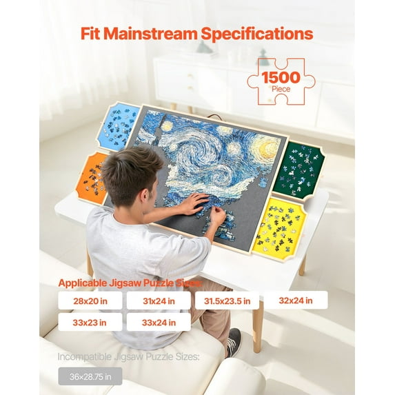 Portable Jigsaw Puzzle Table 34x25 Inch - 1500 Piece Wooden Puzzle Board with Drawer & Cover, Compact Storage Solution