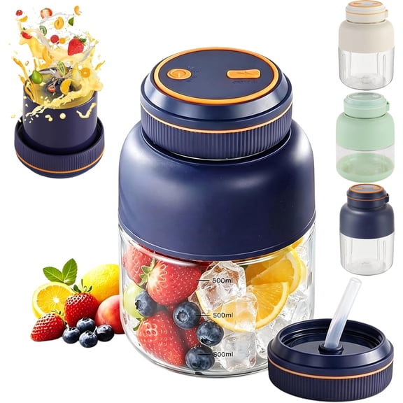 Portable Juicer Cup Wireless Rechargeable Personal Blender with 38-Blade Stainless Steel Cutting System Leakproof Dual Lid Wide-Mouth Design for Office Travel Gym Outdoor,Blue-800ml
