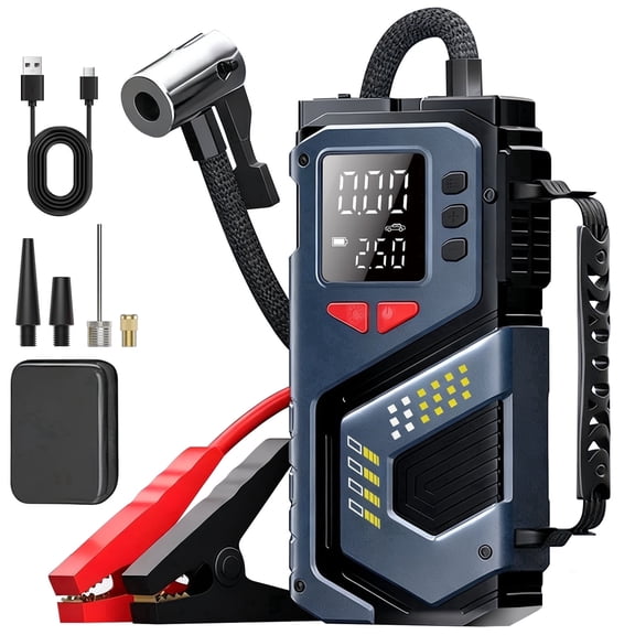 Portable Jump Starter with Air Compressor, 6000mAh 12V Car Battery Jumper for 4.0L Gas/2.5L Diesel, Smart Clamp, LED Display, SOS Flashlight with Storage Case