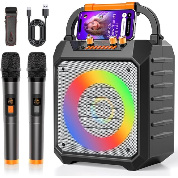 Portable Karaoke Machine with 2  Microphones  Karaoke Speaker with PA System for Adults,Parties, Use,Support BT/TF/USB/AUX/FM,Recording,LED Lights, Bass and Treble(K168W)