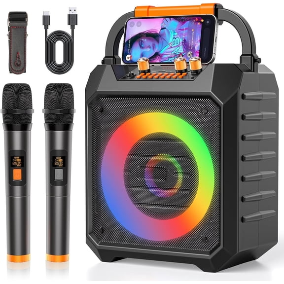 Portable Karaoke Machine with 2 Mics Karaoke Speaker with PA System for Adults,Parties, Use,Support BT/TF/USB/AUX/FM,Recording,LED Lights, Bass and Treble (K168N-Black)